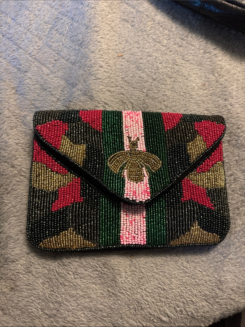 Beaded Envelope Clutch in Black, Pink & Green with Gold Bee Accent